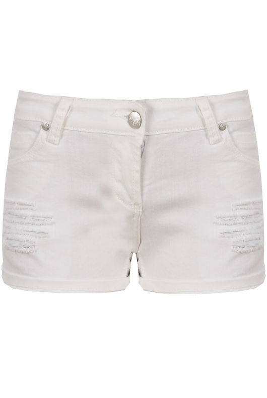 Cream Ripped Fold & Button Up Jeans Shorts