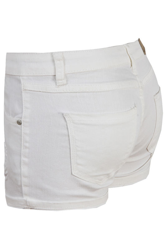 Cream Ripped Fold & Button Up Jeans Shorts