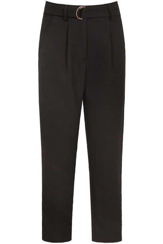 Black Belted Front Pleated Zip Up Pants