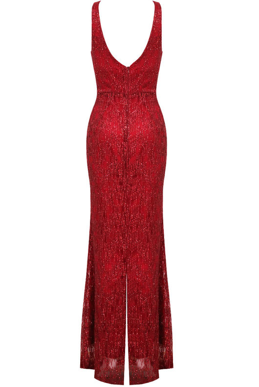 Red Mesh Glitter Textured Maxi Dress