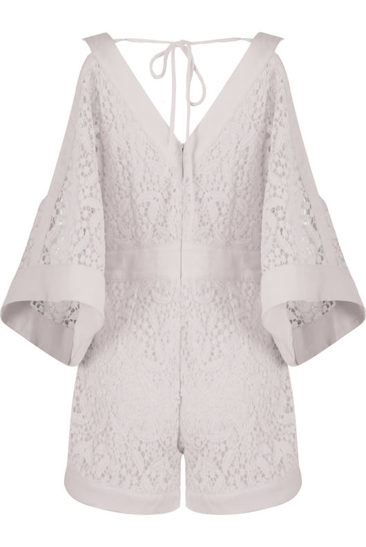 White Lace Mesh Cold Shoulders Playsuit 