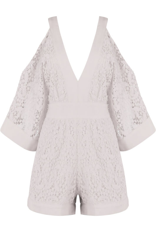 White Lace Mesh Cold Shoulders Playsuit 