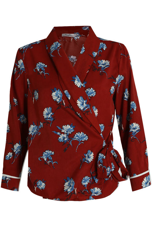 Burgundy Flower Printed Crossover Tops