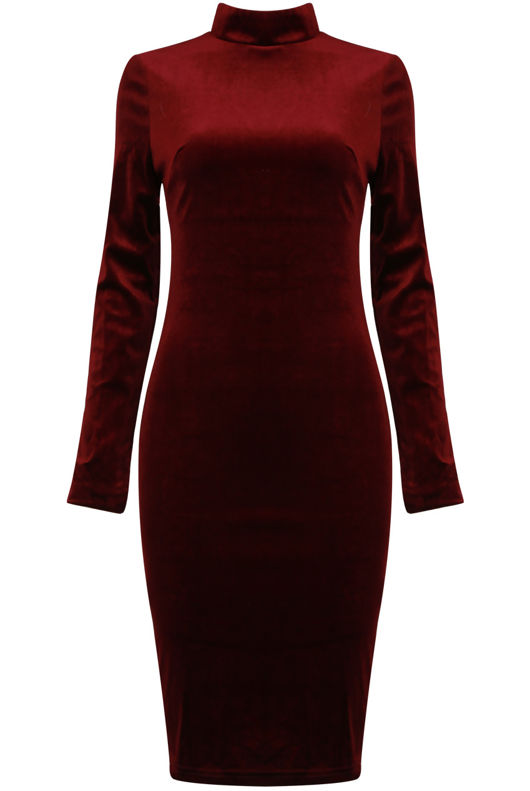 Burgundy Velvet High Neck Bodycon Dress