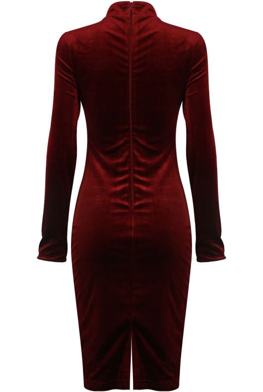 Burgundy Velvet High Neck Bodycon Dress