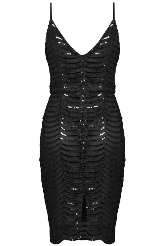 Black Sequin Mesh Overlay Party Dress 