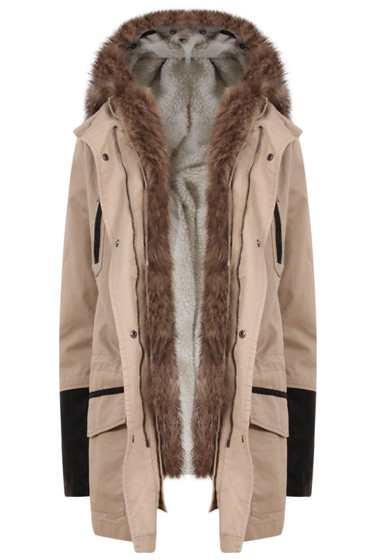 Beige PVC Sleeves Fur Lined Parka