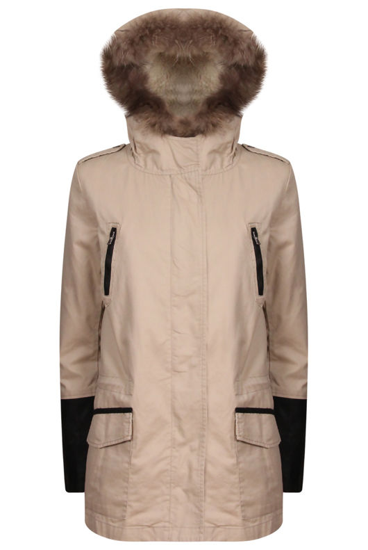 Beige PVC Sleeves Fur Lined Parka