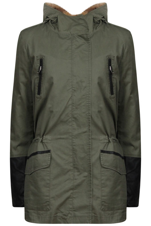 Khaki PVC Sleeves Fur Lined Parka