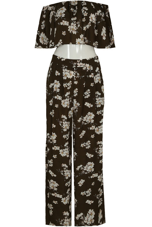 Floral Chiffon Off The Shoulder Crop Top In Khaki