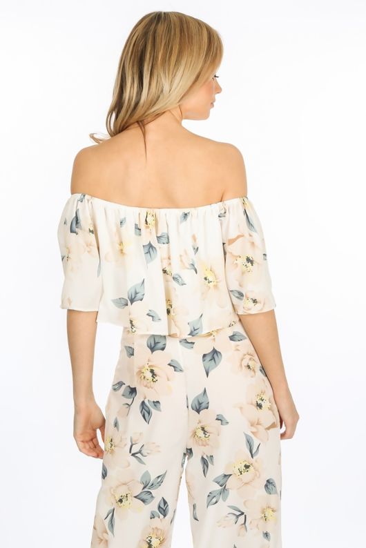 Cream Off The Shoulder Floral Crop Top