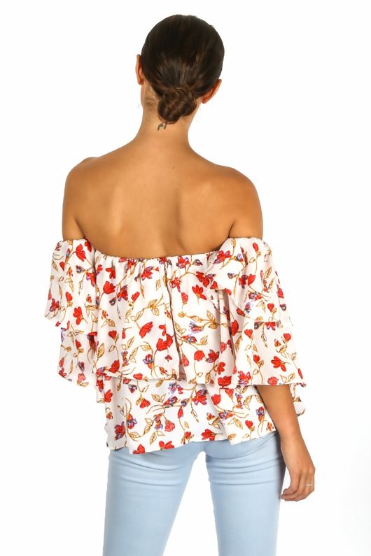 Floral Off The Shoulder Layered Chiffon Top White