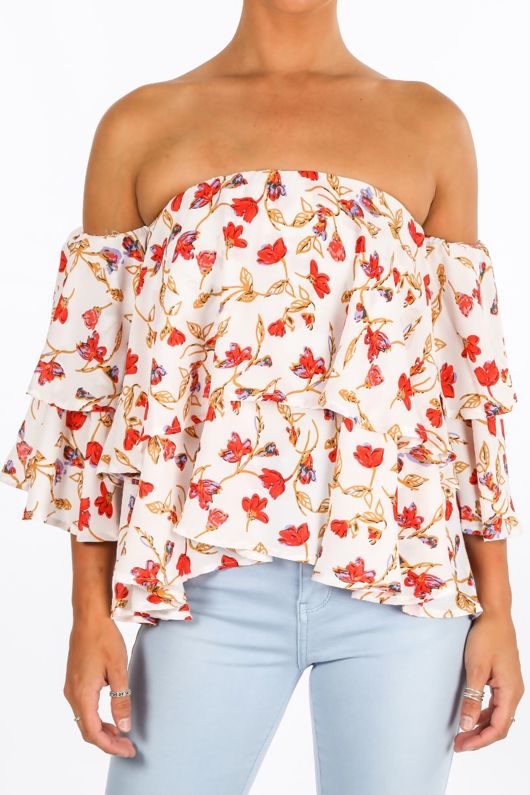 Floral Off The Shoulder Layered Chiffon Top White