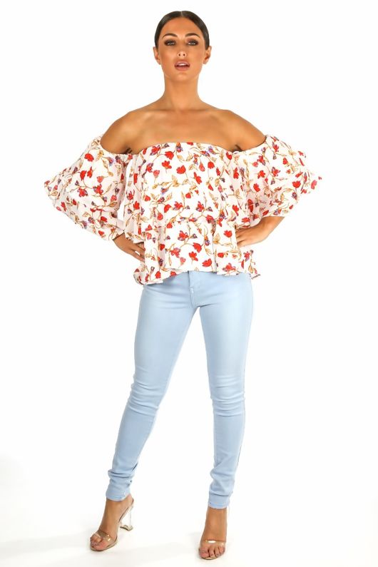 Floral Off The Shoulder Layered Chiffon Top White