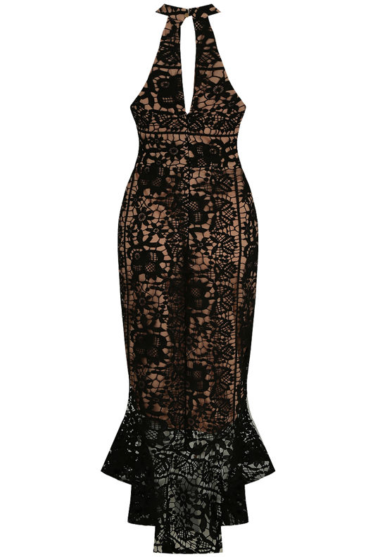 Black Contrast Crochet Midi Dress With Fishtail Hem
