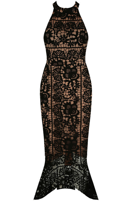 Black Contrast Crochet Midi Dress With Fishtail Hem