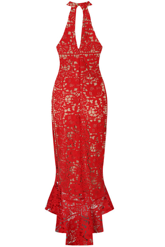 Red Contrast Crochet Midi Dress With Fishtail Hem