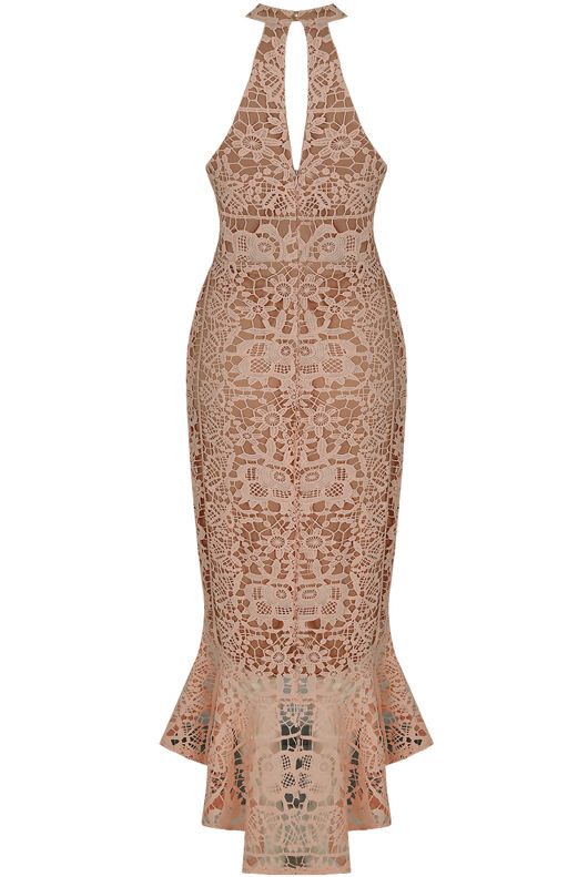 Rose Contrast Crochet Midi Dress With Fishtail Hem