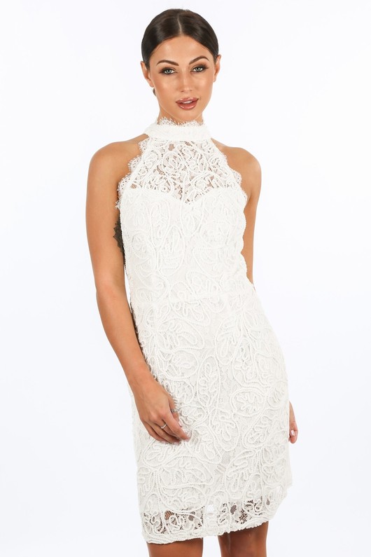 high neck lace bodycon dress