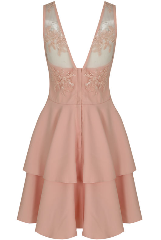 Pink Embroidered Mesh Layered Occasion Dress