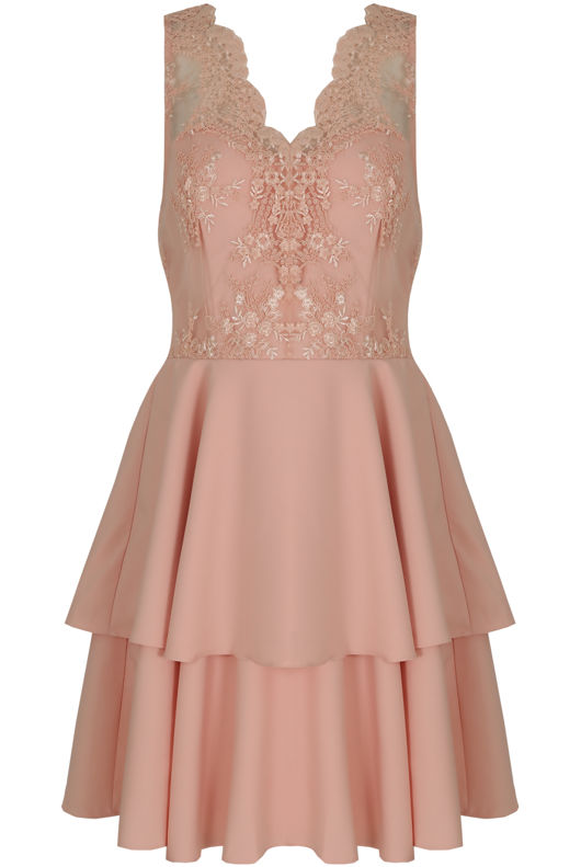 Pink Embroidered Mesh Layered Occasion Dress