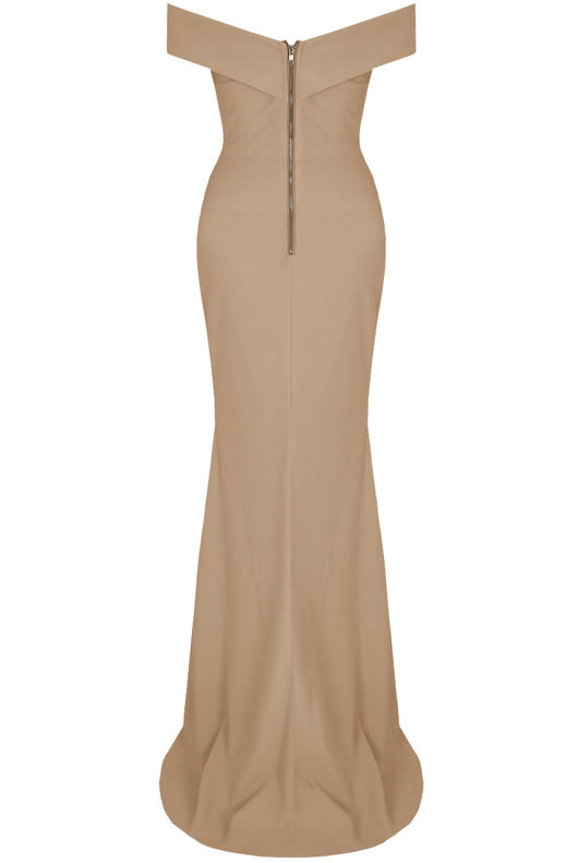 Beige Bardot Fishtail Maxi Dress