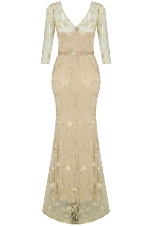 Beige Flower Foil Crochet Netted Maxi Dress