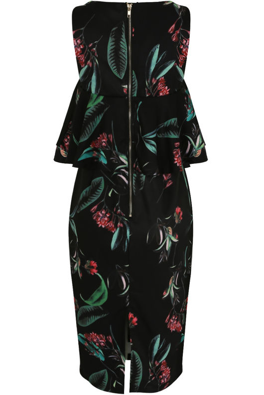  Black Frilled Floral Printed Midi Dress