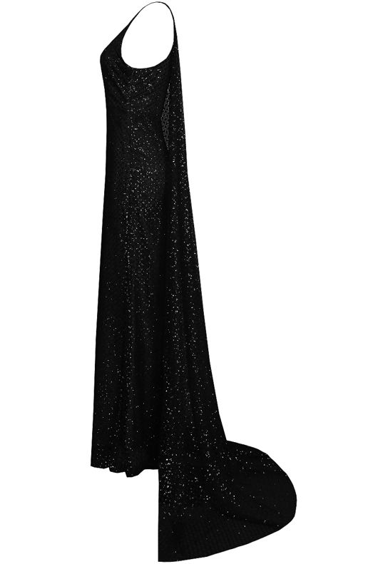 Black Glitter Trimming Netted Cape Maxi Dress 