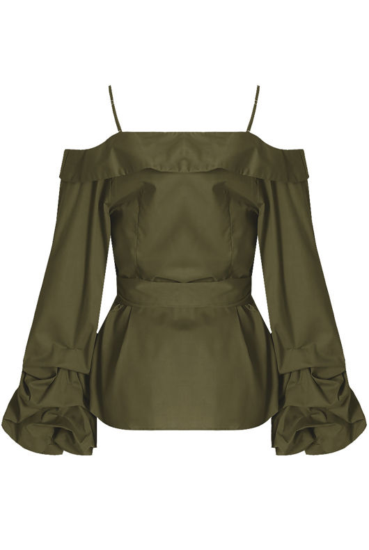 Wrap Blouse With Puff Sleeve In Khaki