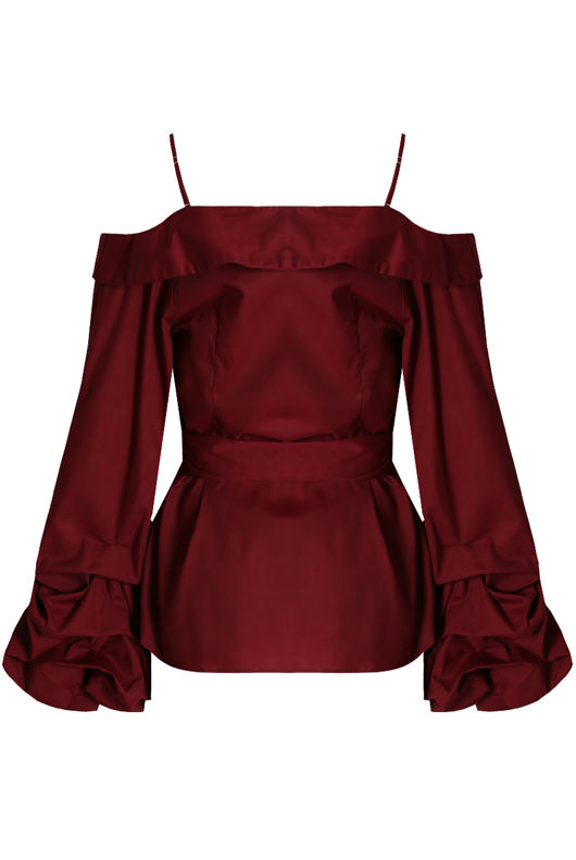 Wrap Blouse With Puff Sleeve In Wine