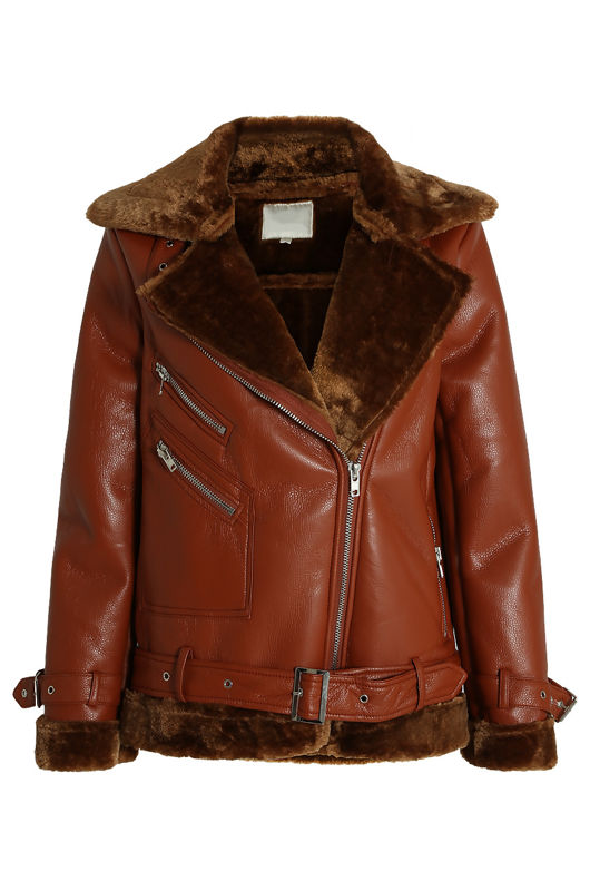 Camel Faux Leather Shearling Coat