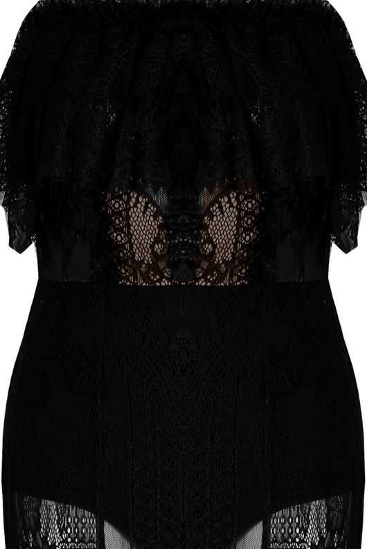 Sheer Lace Midi Dress With Ruffle Hem In Black-Copy
