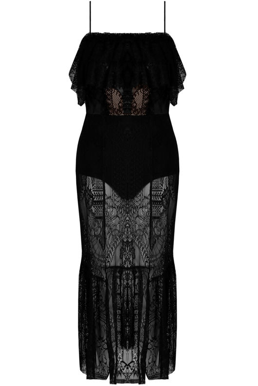Sheer Lace Midi Dress With Ruffle Hem In Black-Copy