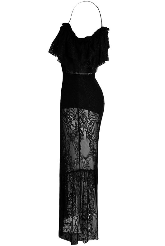 Sheer Lace Midi Dress With Ruffle Hem In Black-Copy