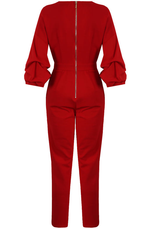 Red Plunge Neck Crossover Jumpsuit