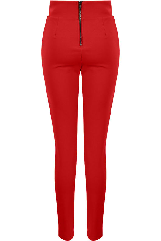 Red High Waist Button Trim Trousers