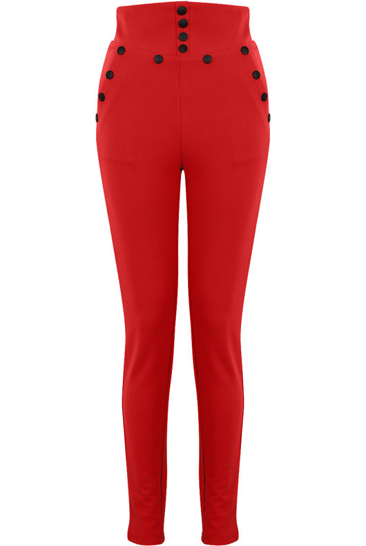 Red High Waist Button Trim Trousers