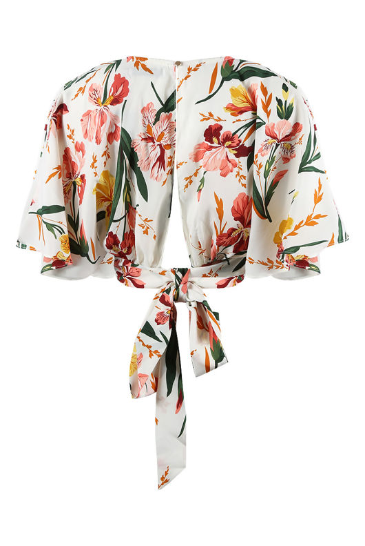 White Floral Print Cape Sleeves Wrap Croptop