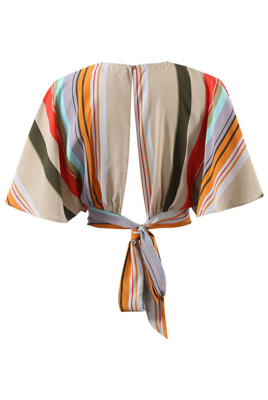 Beige Stripes Wrap Back Tie Crop Top