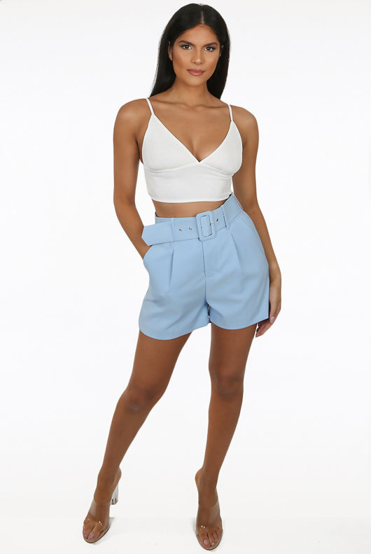 Tailored Belted Shorts In Mid Sky Blue