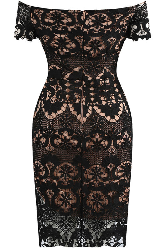 Black Bardot Contrast Crochet Mini Dress
