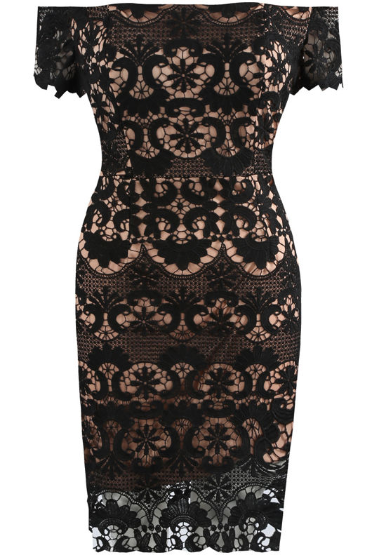 Black Bardot Contrast Crochet Mini Dress