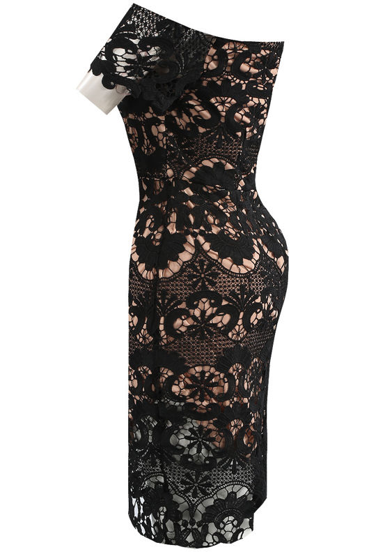 Black Bardot Contrast Crochet Mini Dress