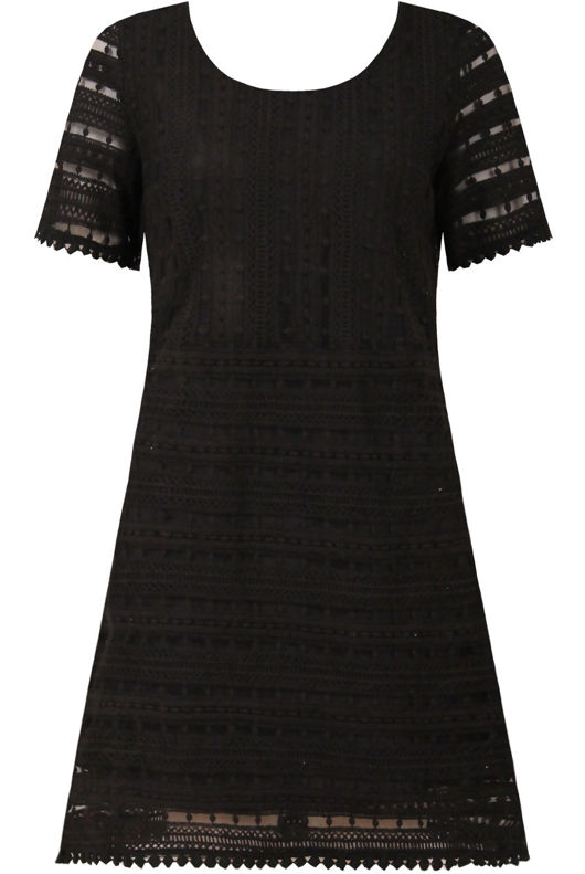 Black Crochet Short Sleeved Lace Shift Dress