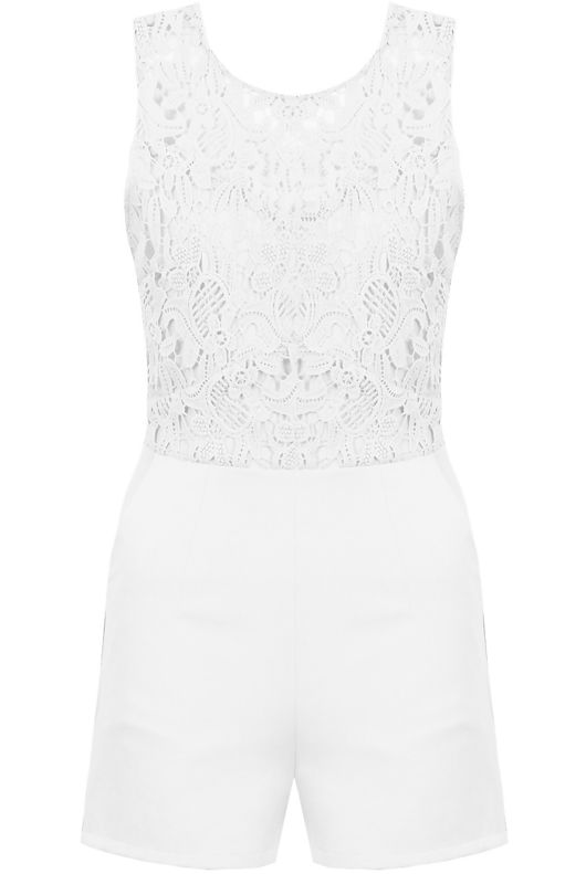 White Lace Open Back Side Pocketed Playsuit