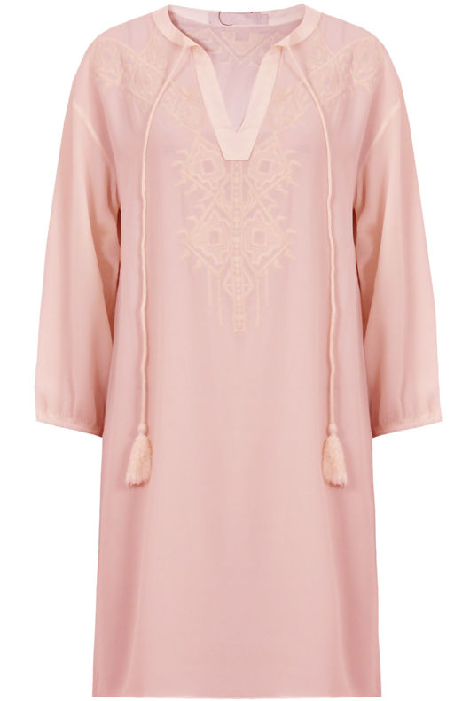 Pink Embroidered 3/4 Sleeve Tie Up Shift Dress 