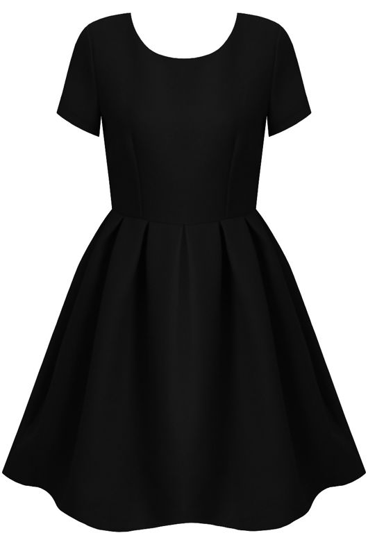 Black Pleated Back Zip Up Short Sleeved Flared Dress 