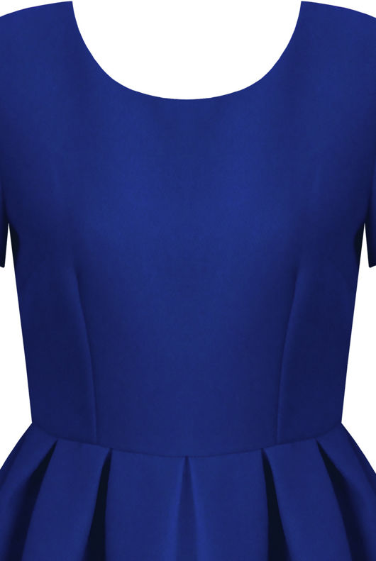 Royal Blue Pleated Back Zip Up Short Sleeved Flared Dress