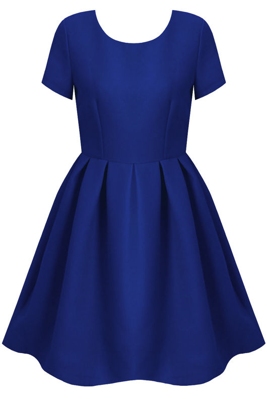 Royal Blue Pleated Back Zip Up Short Sleeved Flared Dress